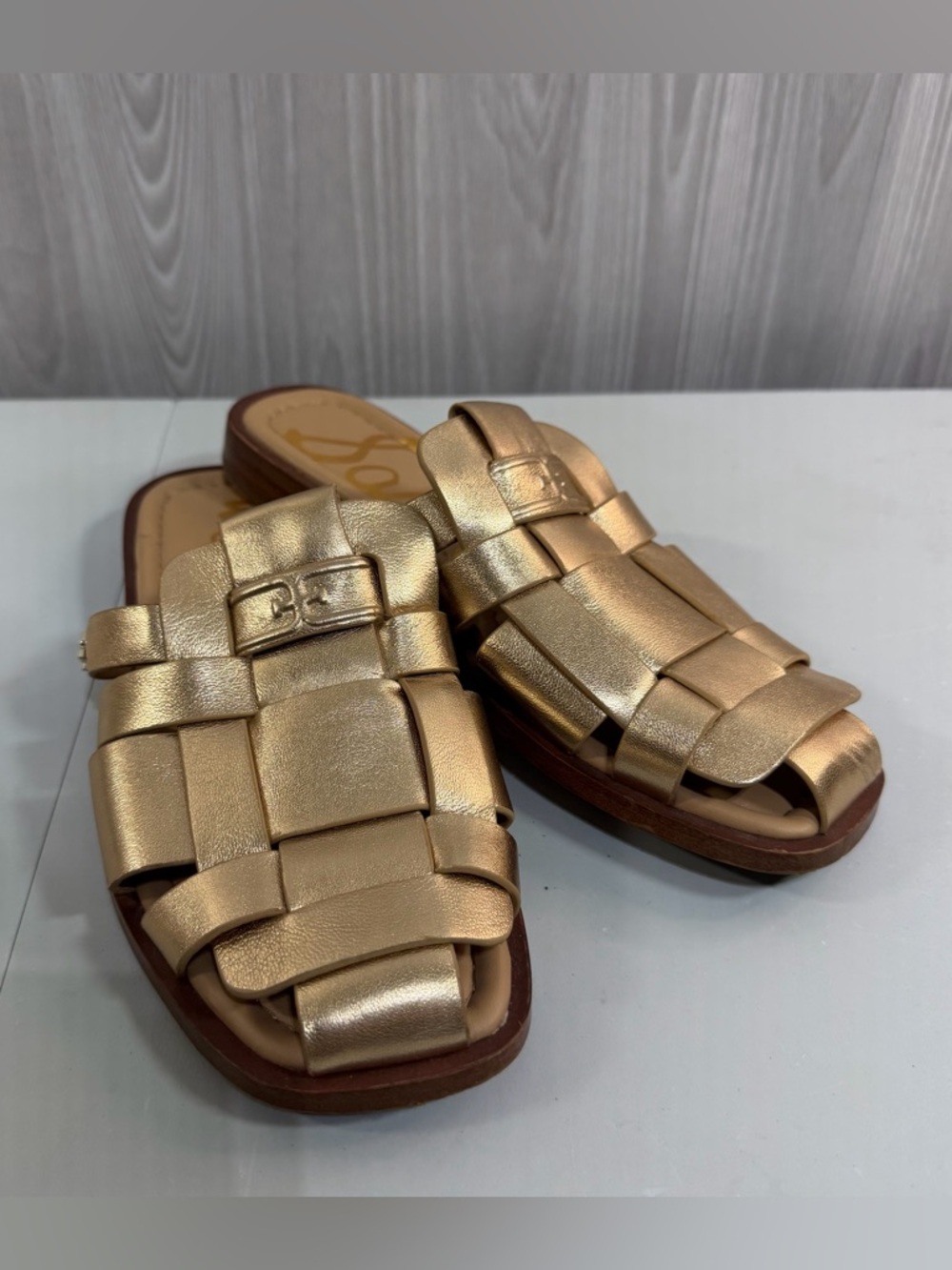 Sam Edelman Dina Fisherman Sandal Gold Quartz Leather Flat Woven Sandal  7.5